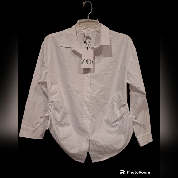Zara white button up shirt with ruched sides and ties. Girl's size 11-12 NWT - Picture 1 of 6